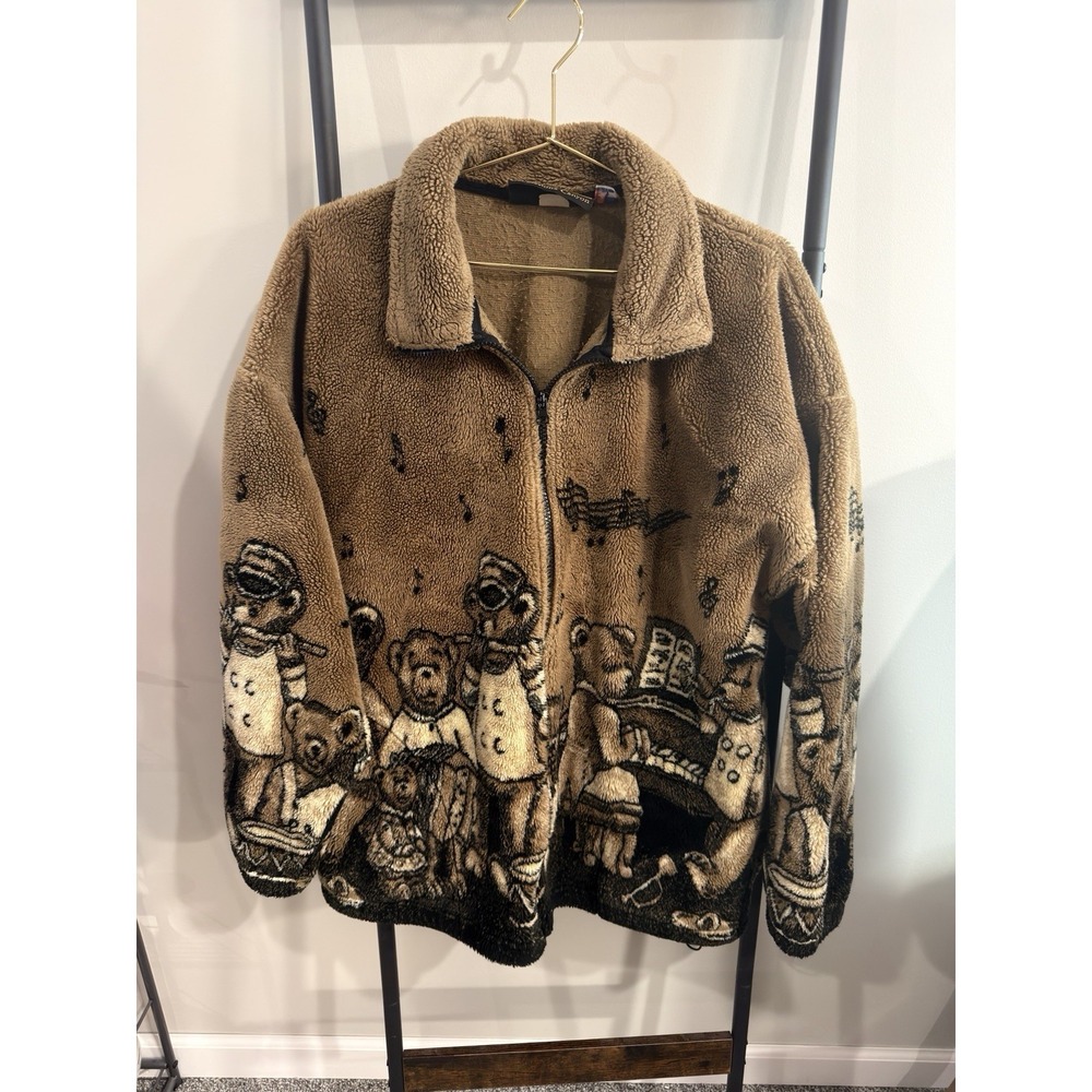 Vtg 90s Cobblestone Canyon Teddy Bear Music USA Large Fleece Jacket